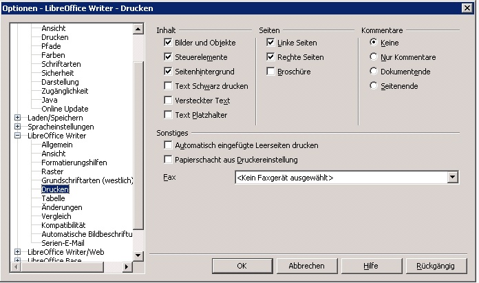 Druckoptionen (Extras -&gt; Optionen -&gt; LibreOffice Writer -&gt; Drucken)