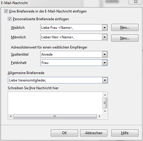 Auswahl-Dialog E-Mail-Nachricht personalisierte Anrede.