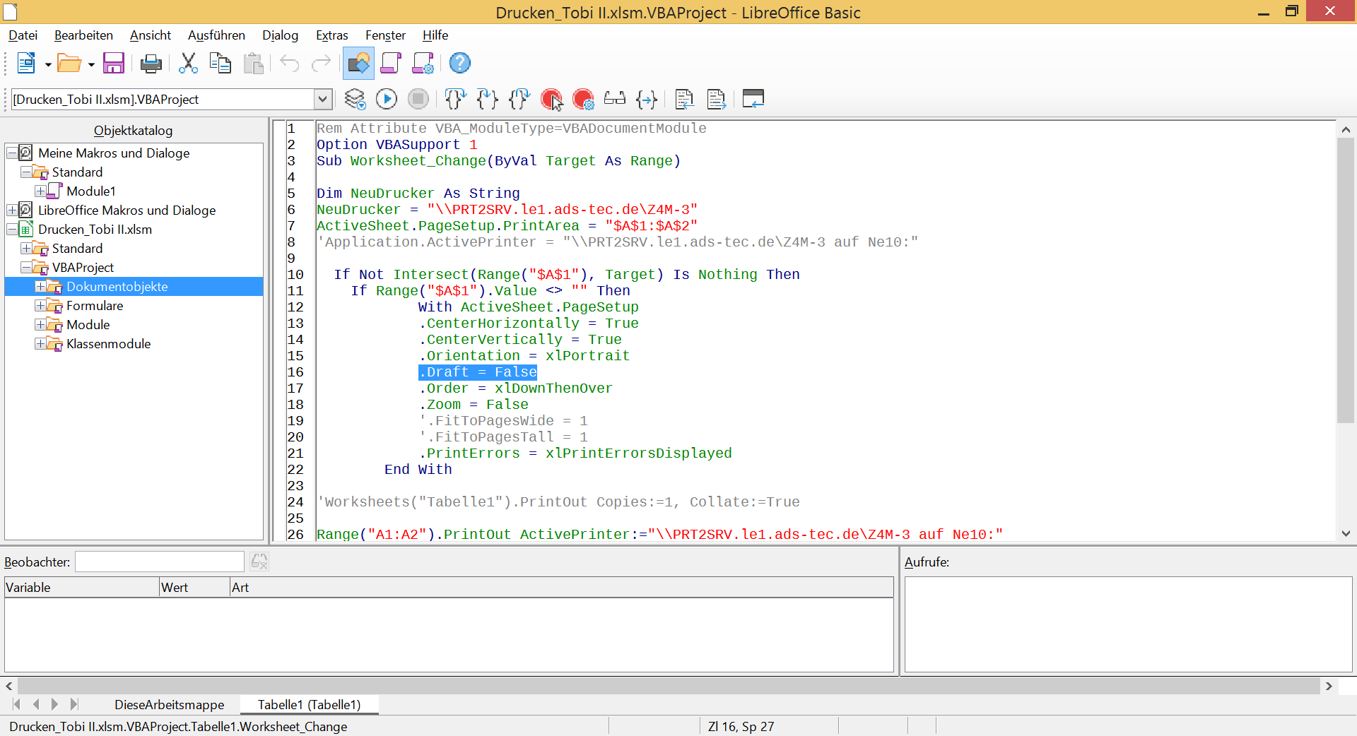 Mein Code in Libre Office calc