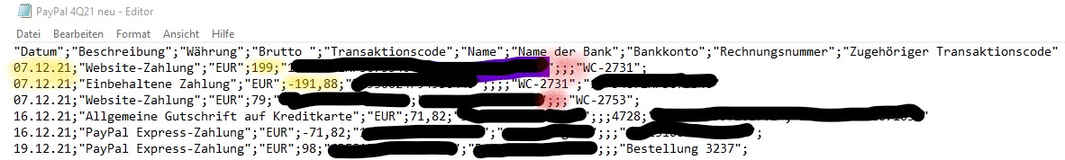 Editoransicht des csv-Exports