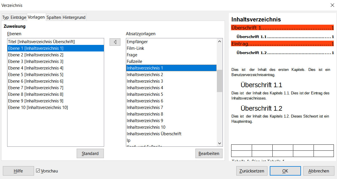 Screen shot: Formatvorlagen für Verzeichnis