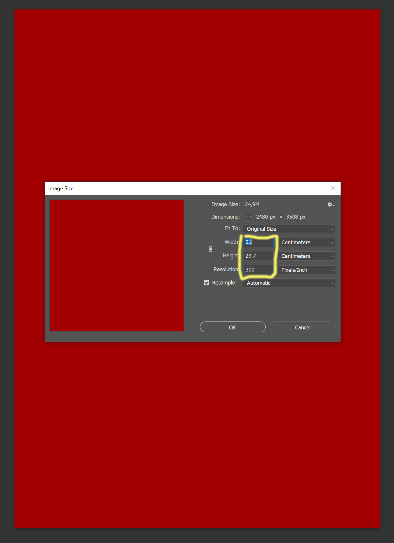 Photoshop Eigenschaften für eine A4 300 dpi Farbfläche