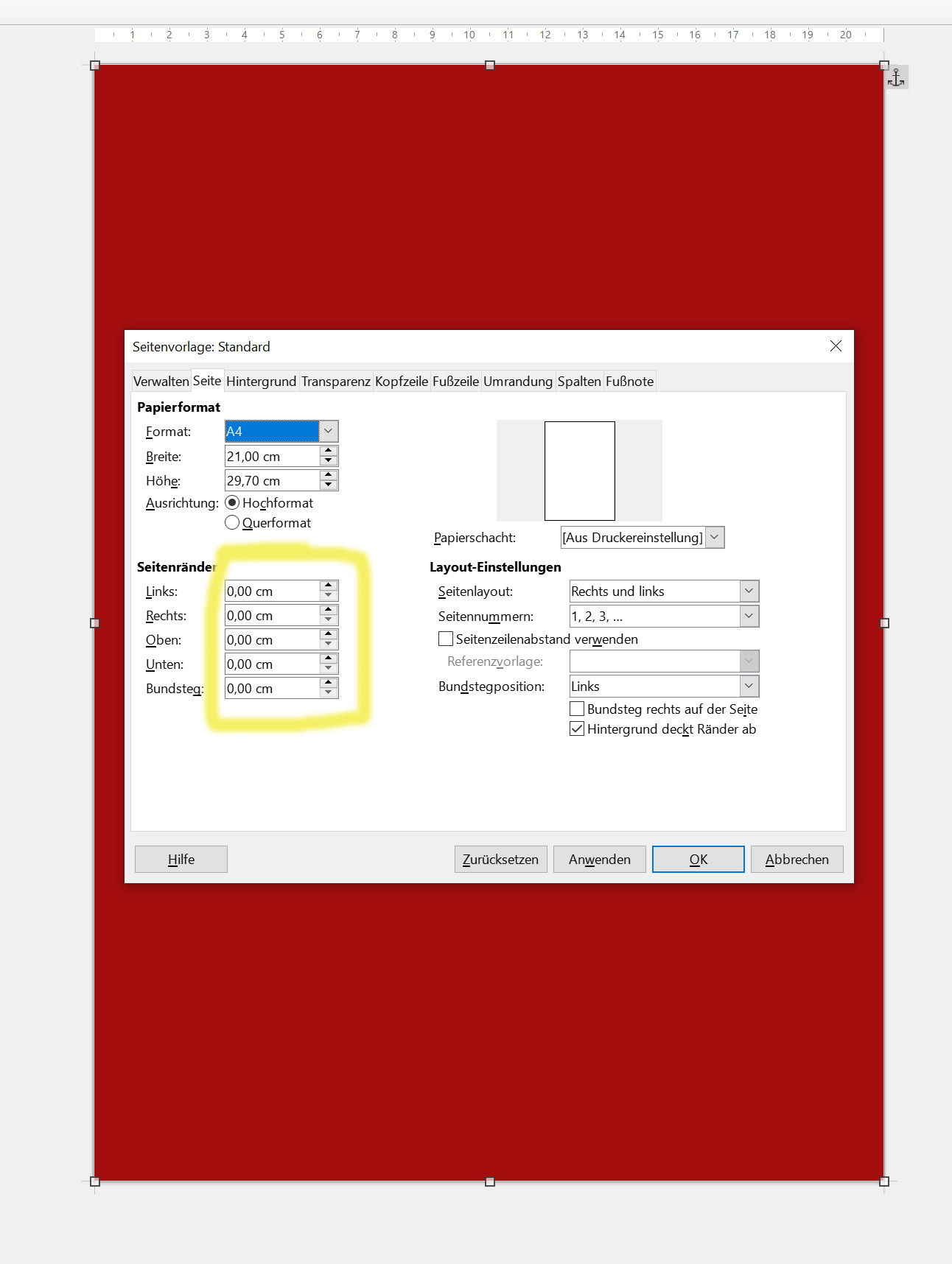 Libre Writer A4 Randlos Seiteneigenschaften