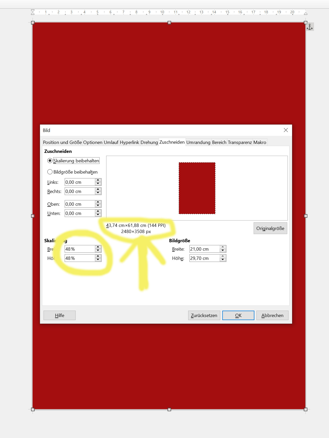 Eigenschaften des eingefügten A4 300 dpi Bildes