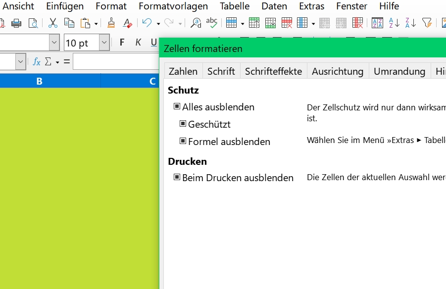 So sieht der Zellschutz aus wenn ich die Datei erneut öffne.