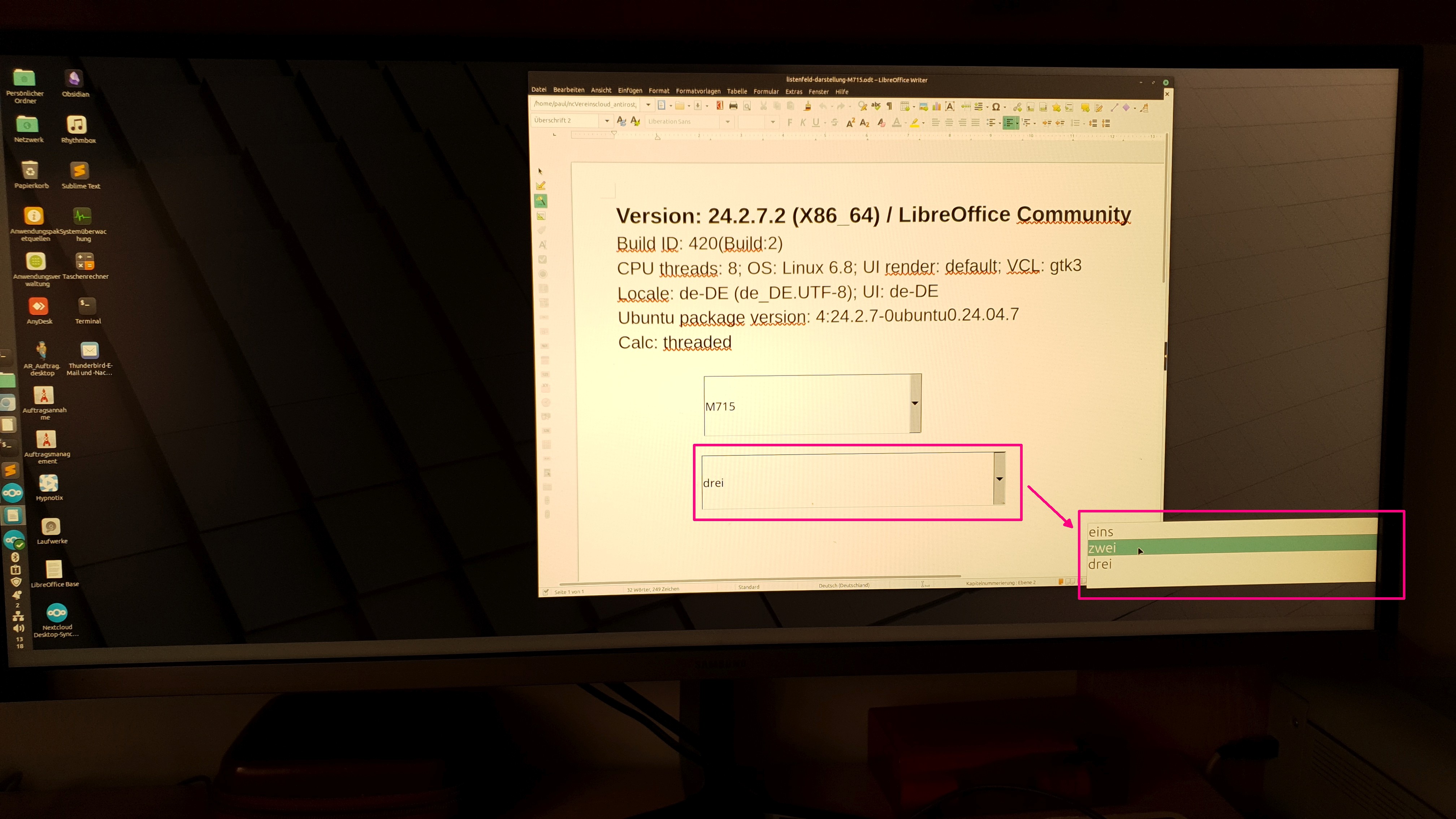 Unter Linux Mint auswählbare Listeninhalte versetzt