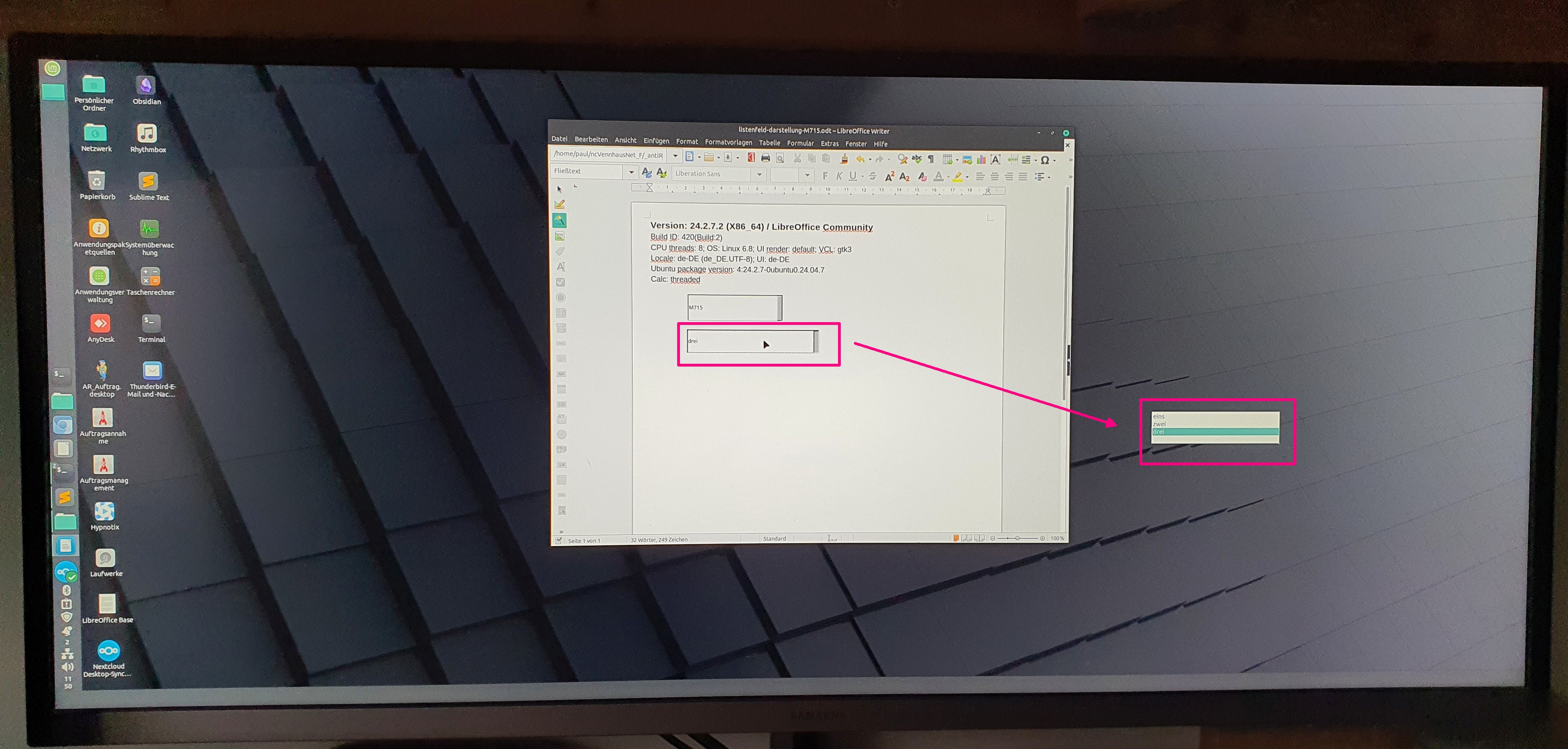 Unter Linux Mint auswählbare Listeninhalte noch weiter versetzt