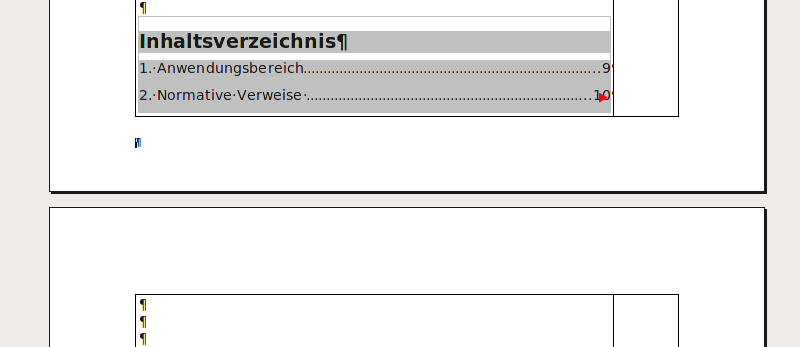 In Tabellenzelle eingefügtes Inhaltsverzeichnis