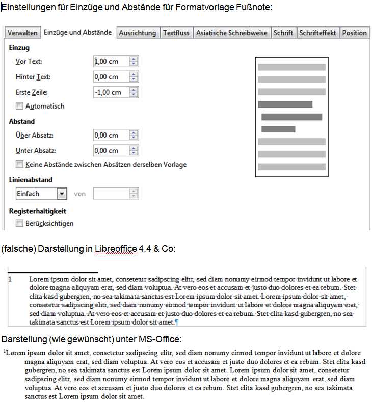 Falscher Einzug für erste Zeile in Fußnote / Fußzeile