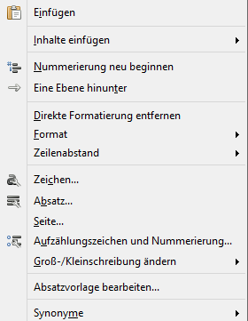 Kontextmenü für Nummerierung