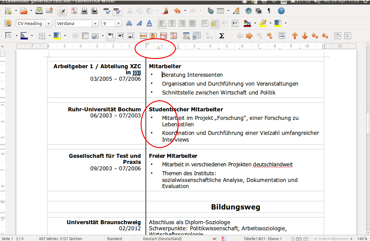 Screenshot zu Tabelle Aufzählungen Einzüge