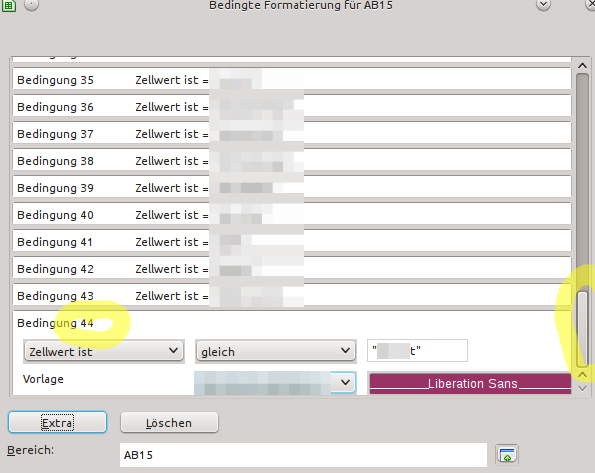 Ansicht einer der beiden Formatierungsbedignungen, bei der jede Zelle entsprechend ihres Wertes einer kategorie formatiert wird. An Stelle des Zielbereichs AB15 müsste dort F7:QR34 stehen.