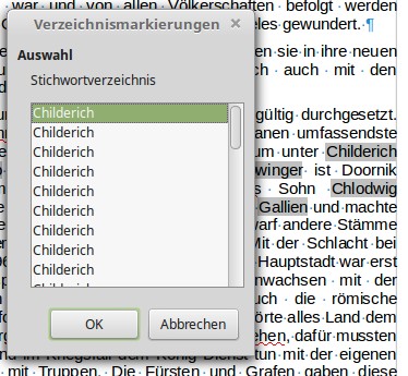 Mehrfacheinträge in der Auswahl Stichwortverzeichnis