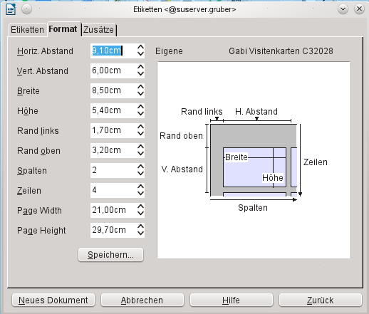 Format-Einstellungen für den Etikettenbogen