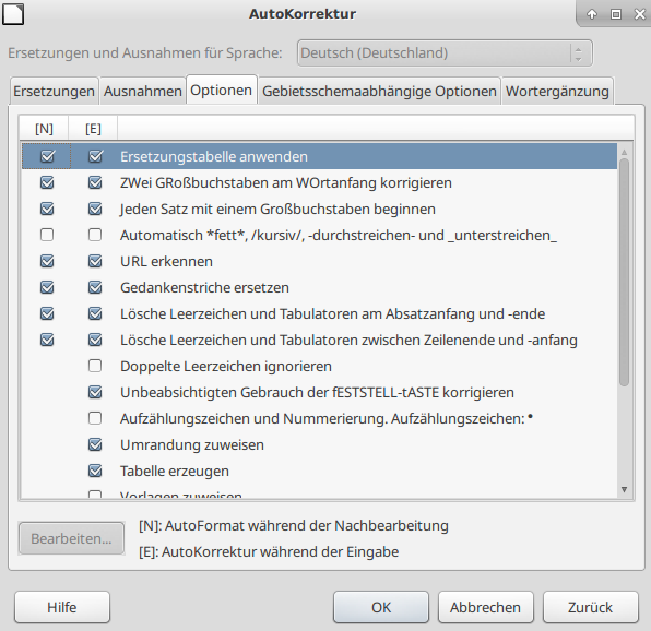 Bild des Dialogs Extras&gt;Autokorrektur&gt;Autokorrekturoptionen Reiter Optionen