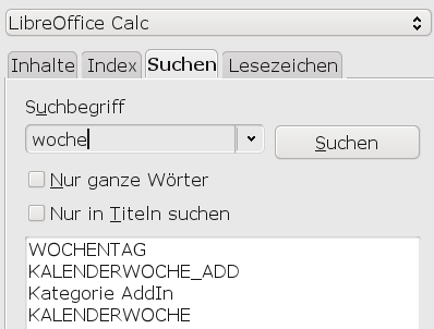 Calc-Hilfe, Suchbegriff WOCHE