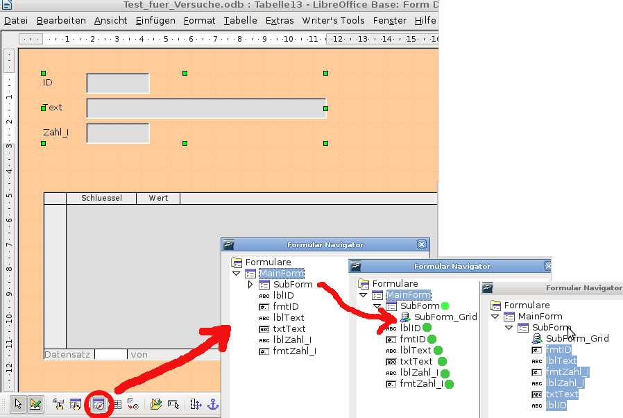 Rot eingeringelt: Icon zum Öffnen des Formularnavigators<br />Formularnavigator:<br />Links: links des &quot;SubForm&quot; befindet sich ein weisser Pfeil - das heisst: klick mich, dann zeige ich die Elemente des &quot;SubForm&quot;<br />Mitte: im &quot;SubForm&quot; befindet sich ein Kontrollelement mit dem Namen &quot;SubForm_Grid&quot; - die Elemente mit dem grünen Punkt befinden sich im &quot;MainForm&quot; - also auch das &quot;SubForm&quot; (Die Datenherkünfte (Abfrage, Tabelle etc.) von &quot;SubForm&quot; und &quot;MainForm&quot; sind aber unterschiedlich (meistens jedenfalls))<br />Rechts: Die Elemente des &quot;MainForm&quot; wurden per Drag and Drop in das &quot;SubForm&quot; gezogen - sie unterliegen jetzt der Datenherkunft des &quot;SubForm&quot;s - zeigen also die Daten des SubForms an.